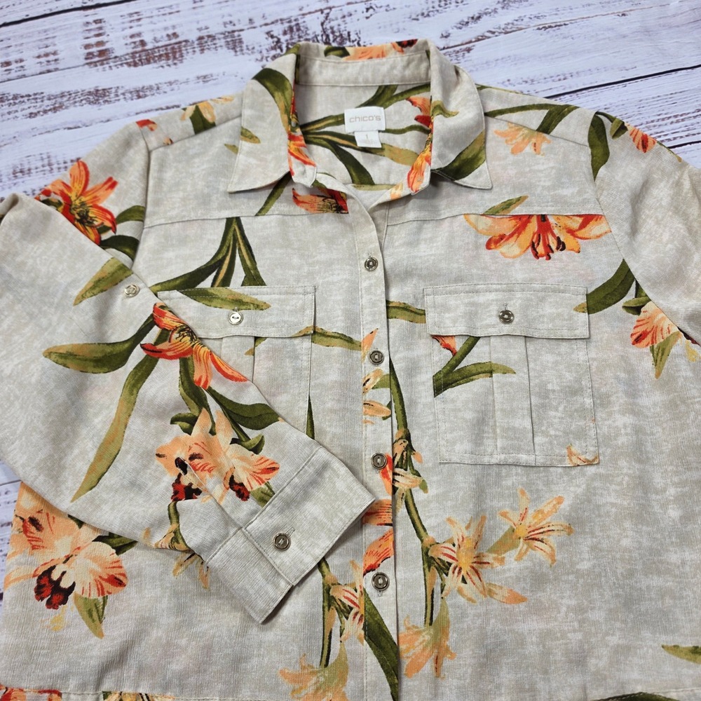 Chico's Shirt Dress 1 Tan Floral Excellent Drawstring Waist Pockets Tab Sleeve